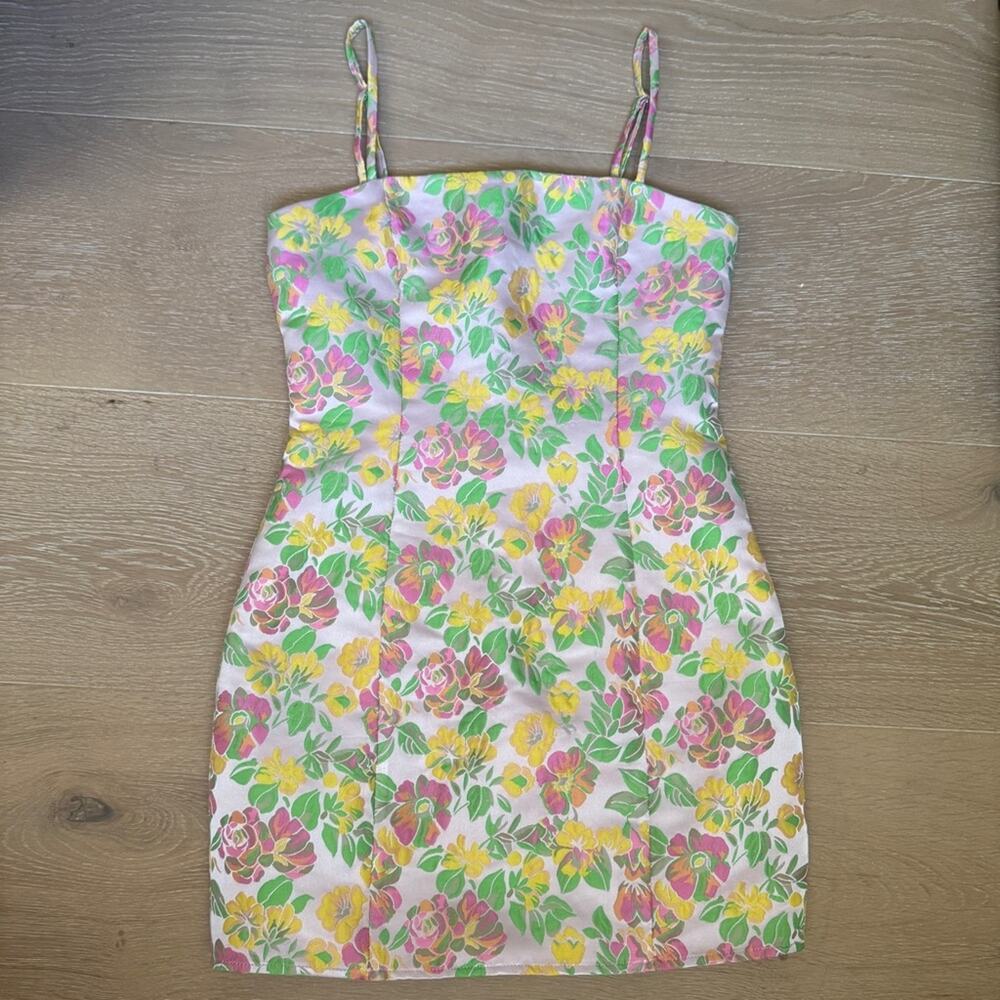 Majorelle pink, green & yellow whimsical Floral spaghetti strap Mini Dress 0 - Picture 4 of 7